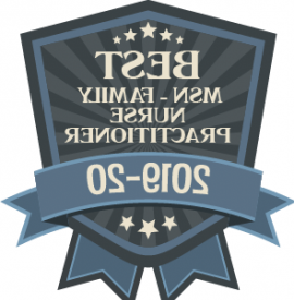 Award badge with text "BEST MSN - FAMILY NURSE PRACTITIONER 2019-20" on a dark blue shield with stars and a light blue ribbon.